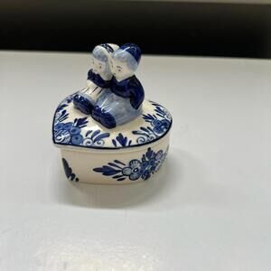 Delft Blue Heart Shaped Trinket Box Hand Painted Porcelain Dutch Boy and Girl